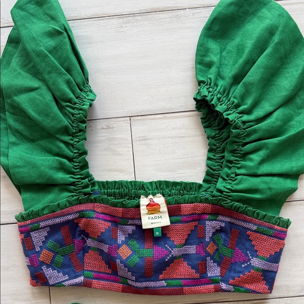 FARM Rio Green Puff Sleeve Top with Geometric Pattern two piece